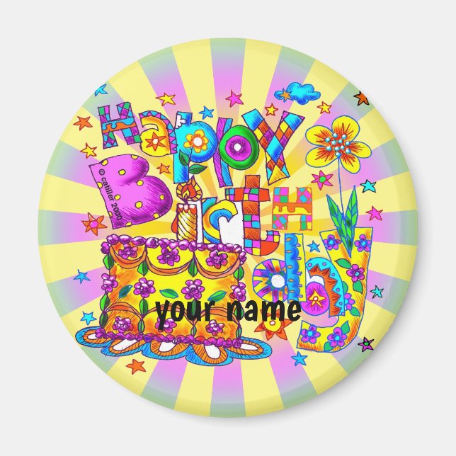 Aimant Happy Birthday Cake  custom name (Devant)