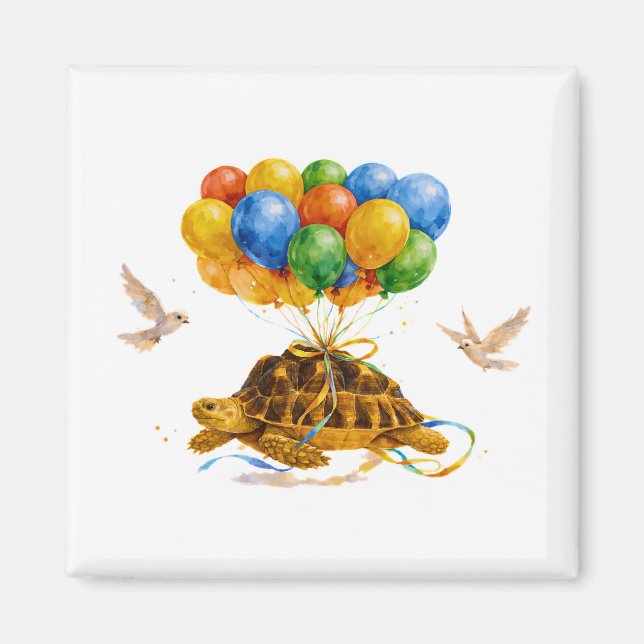 Aimant Happy Birthday flying Sulcata turtle with balloons (Devant)
