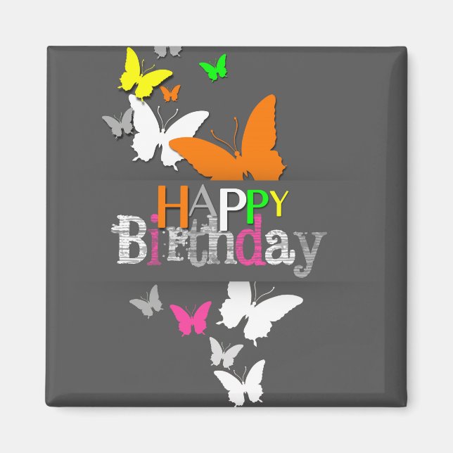 Aimant Happy Birthday Modern Colorful Neon Butterflies (Devant)