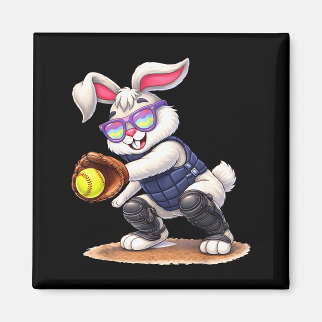 Aimant Happy easter holiday bunny playing softball (Devant)