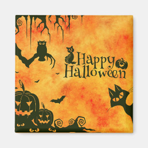 Aimant Happy Halloween chat noir, hibou, citrouille