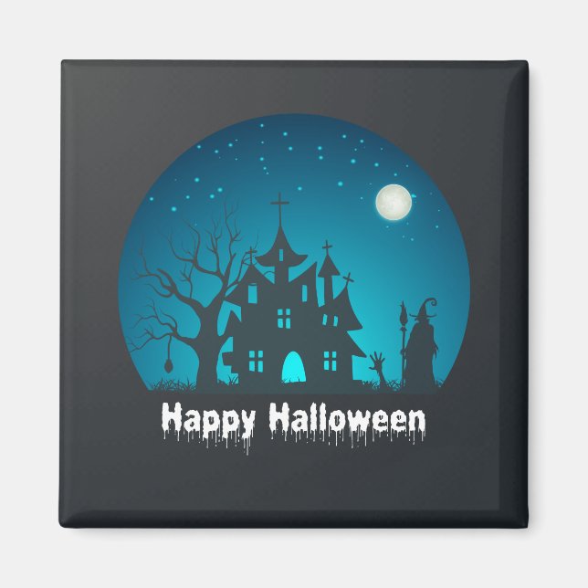 Aimant Happy Halloween Maison hantée bleue et noire (Devant)