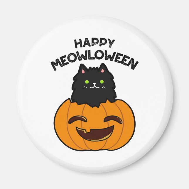 Aimant Happy Meowloween Funny Halloween Black Cat Pun  (Devant)