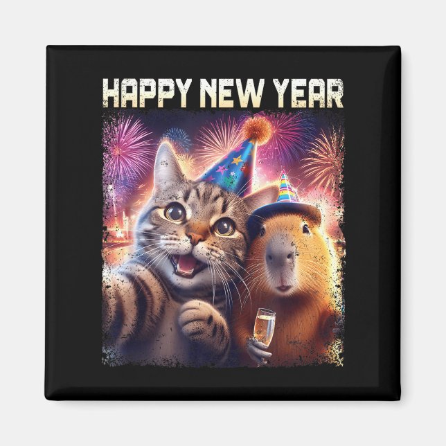 Aimant Happy New Year 2026 Cute Cat Capybara Party Art  (Devant)