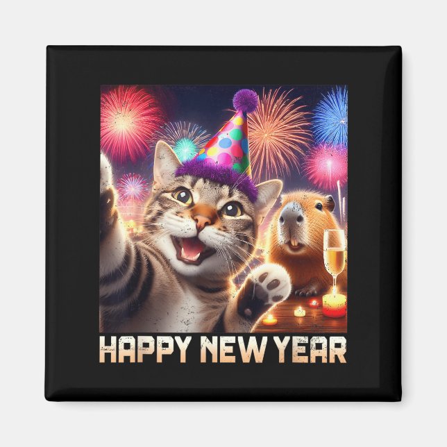 Aimant Happy New Year 2026 Cute Cat Capybara Party Art  (Devant)