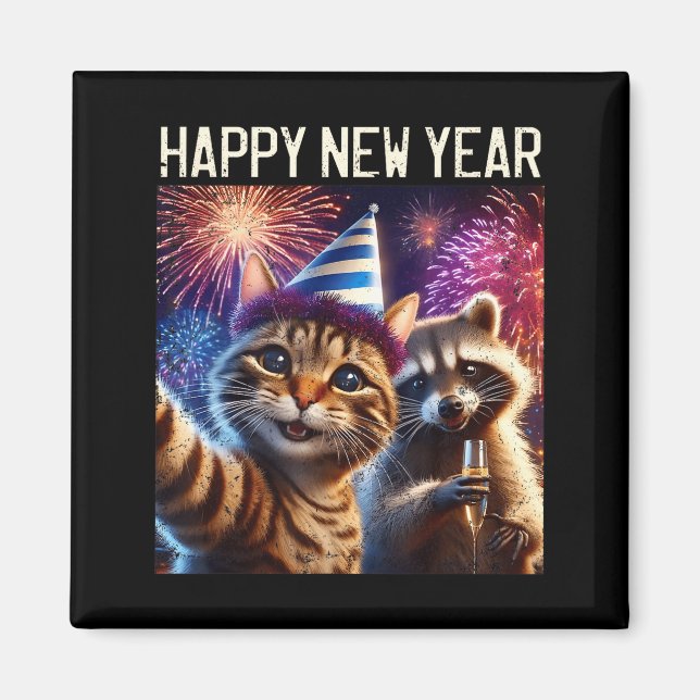 Aimant Happy New Year 2026 Cute Cat Raccoon Celebration  (Devant)
