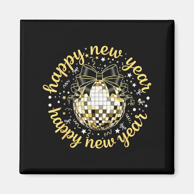 Aimant Happy New Year 2026 Disco Ball Gold Bow Coquette C (Devant)