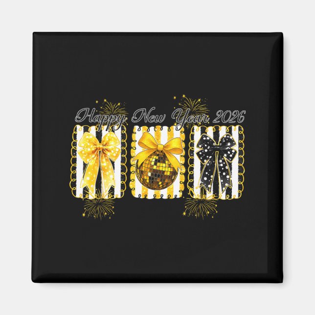 Aimant Happy New Year 2026 Disco Ball Gold Coquette Bow F (Devant)