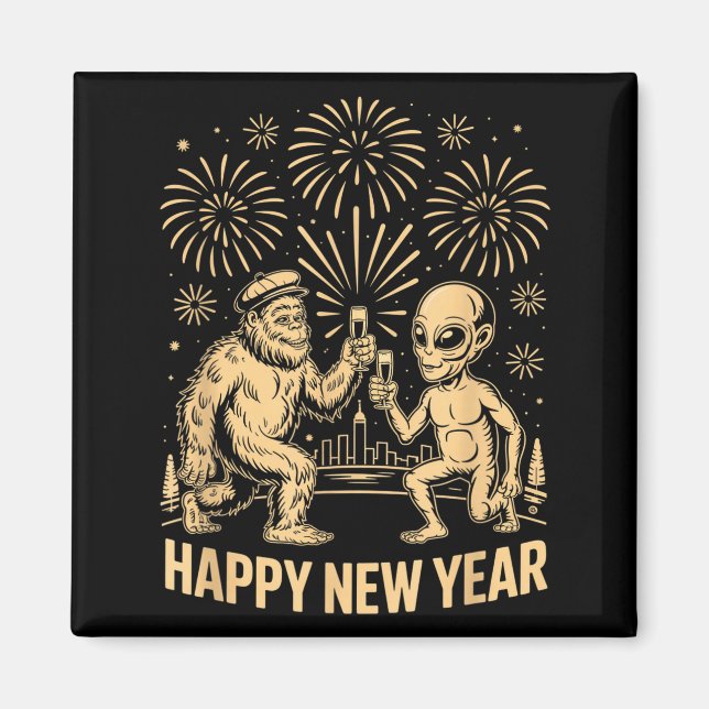 Aimant Happy New Year 2026 Funny Bigfoot And Alien Lovers (Devant)