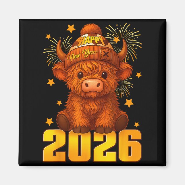 Aimant Happy New Year 2026 Highland Cow &amp; Party Hat N (Devant)