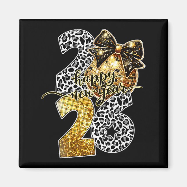 Aimant Happy New Year Cute Gold Disco Ball Bow New Year's (Devant)