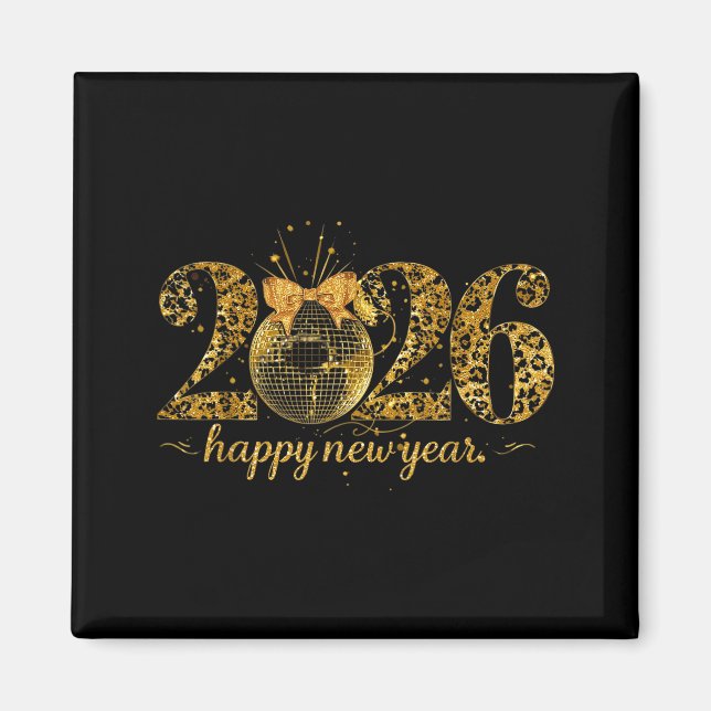 Aimant Happy New Year Cute Gold Disco Ball Bow New Year's (Devant)