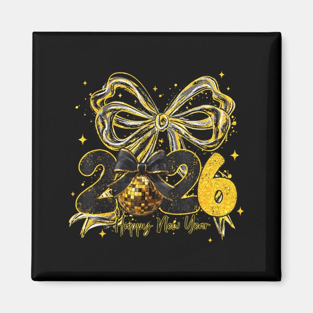 Aimant Happy New Year Cute Gold Disco Ball Bow New Year's (Devant)