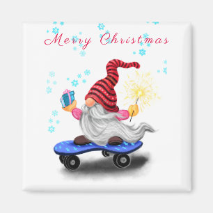 Aimant Happy Skater Gnome avec des cadeaux et Sparkler -