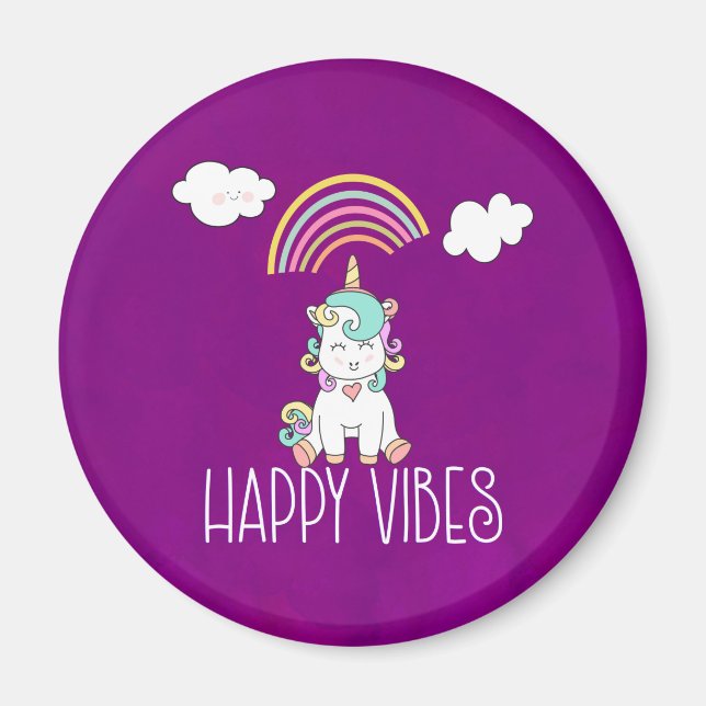 Aimant Happy Vibes Typography Cute Smiling Unicorn (Devant)