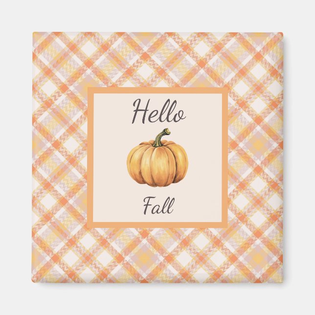 Aimant Hello Fall Orange Rustic Plaid et Citrouille (Devant)
