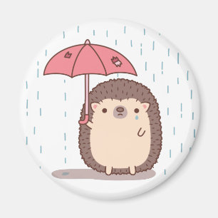 Aimant Hérisson Triste Sous La Pluie Avec Un Parapluie Dé