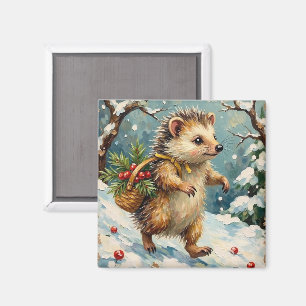Aimant Hérisson Vintage avec Panier de Baies de Noël