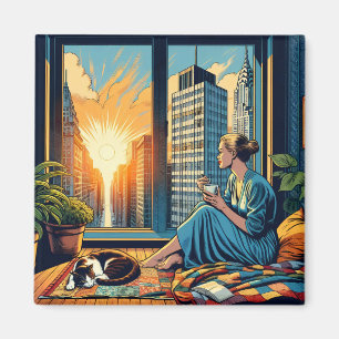 Aimant Heure du matin dans la ville   Une femme qui réflé