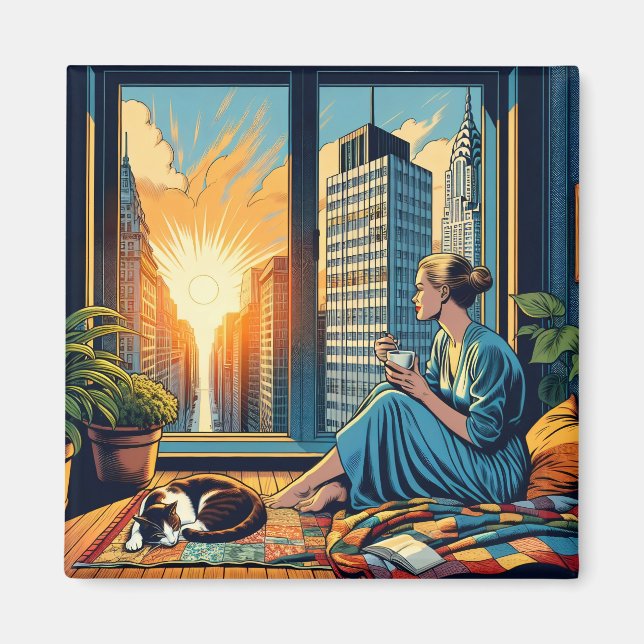 Aimant Heure du matin dans la ville | Une femme qui réflé (Devant)