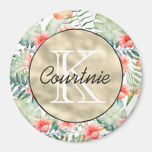 Aimant Hibiscus rose tropical Monogramme or floral