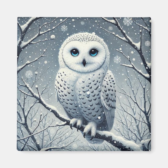 Aimant Hibou des neiges perché sur une branche enneigée  (Devant)