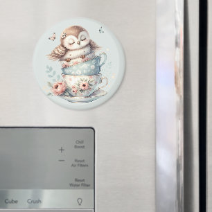 Aimant Hibou endormi dans des tasses à thé florales empil