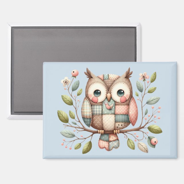 Aimant Hibou Patchwork dans une Forêt Fantaisiste (Recto/Verso)