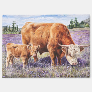 Aimant Highland Cow and Calf Purple Fleurs sauvages