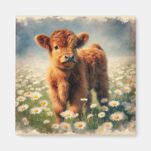 Aimant Highland Cow Calf Vintage aquarelle peinture