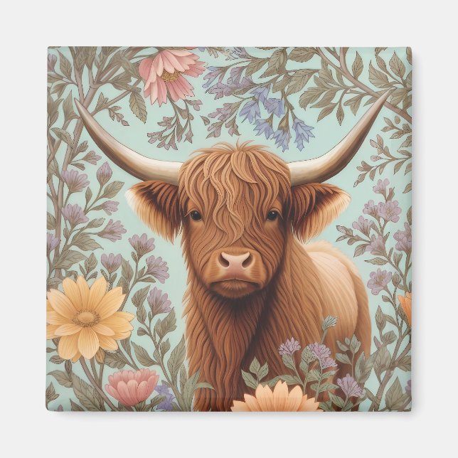 Aimant Highland Cow Pastel William Morris Inspired Floral (Devant)