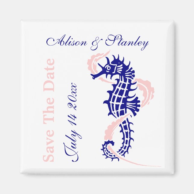 Aimant Hippocampe bleu marine, rose mariage Save the Date (Devant)