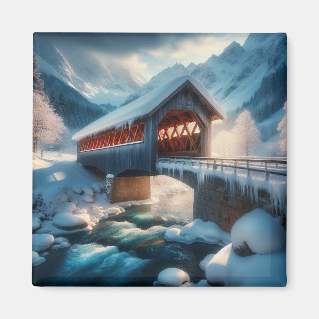 Aimant Hiver, pont enneigé et rivière (Devant)