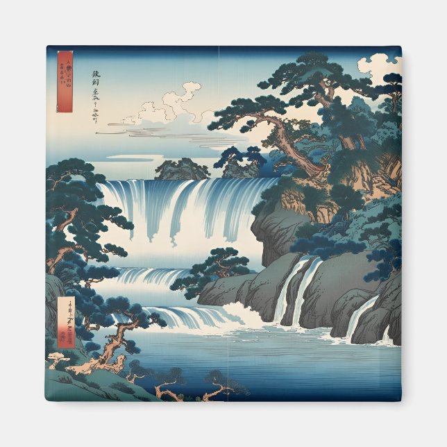 Aimant Hokusai Ukiyo-e Cascade japonaise Paysage bleu (Devant)