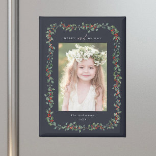 Aimant Holly Berry Frame Merry & Bright Photo Navy