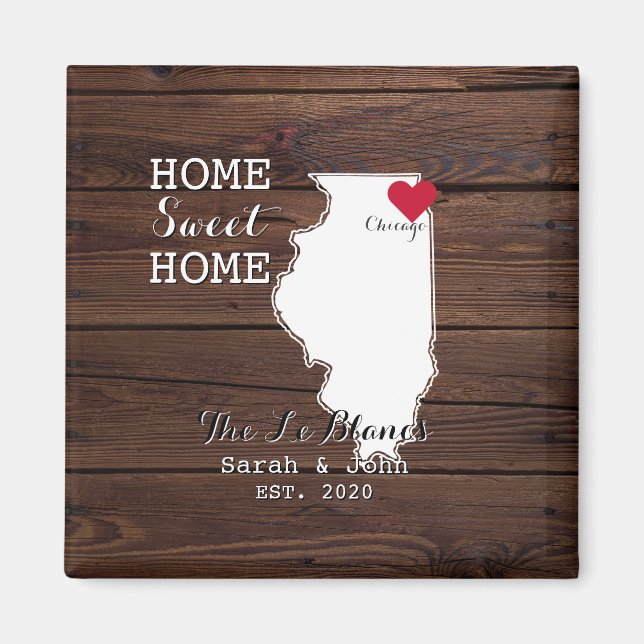 Aimant Home Sweet Home | Chicago Illinois Rustic Wood (Devant)