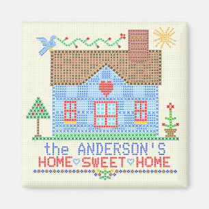 Aimant Home Sweet Home Cross Stitch House Personnalisé v2
