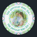 Aimant Hommage Personnalisé Anniversaire Vert Photo Salut<br><div class="desc">Personnalisé Anniversaire de mariage Star Vert rose bleu Photo Greeting Ornament Photo Greeting Magnet Décoration Cadeaux. Décorez votre cuisine ou votre bureau à la maison pour un anniversaire avec ce joli aimant motif bleu pastel, bleu clair et vert frais aux étoiles d'art géométrique. Donnez à votre intérieur de maison un...</div>