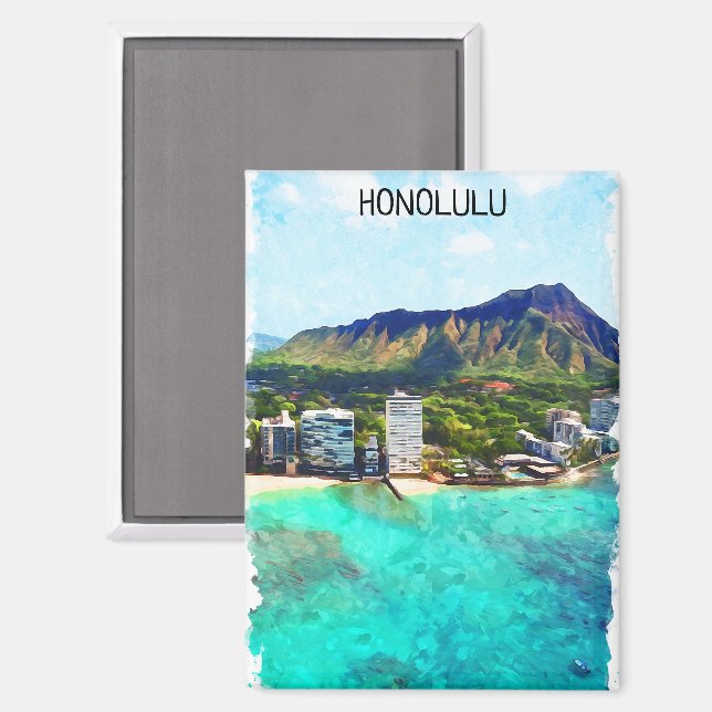 Aimant Honolulu Beach Hawaii Vue Vintage voyage (Recto/Verso)