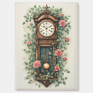 Aimant Horloge Vintage Entourée de Roses et de Vignes