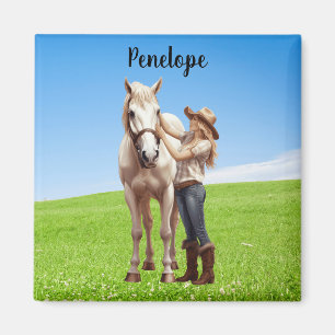 Aimant Horse Girl Horseback équitation Meadow Personnalis