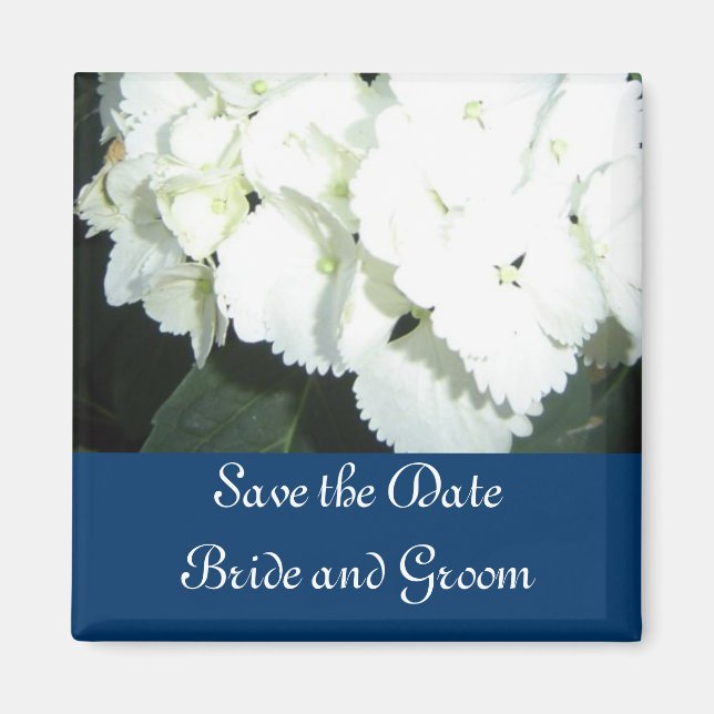Aimant Hortensias blancs avec bordure marine (Devant)