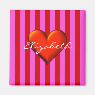 Aimant Hot Pink, Red Stripes, Red Metallic Heart Monogram