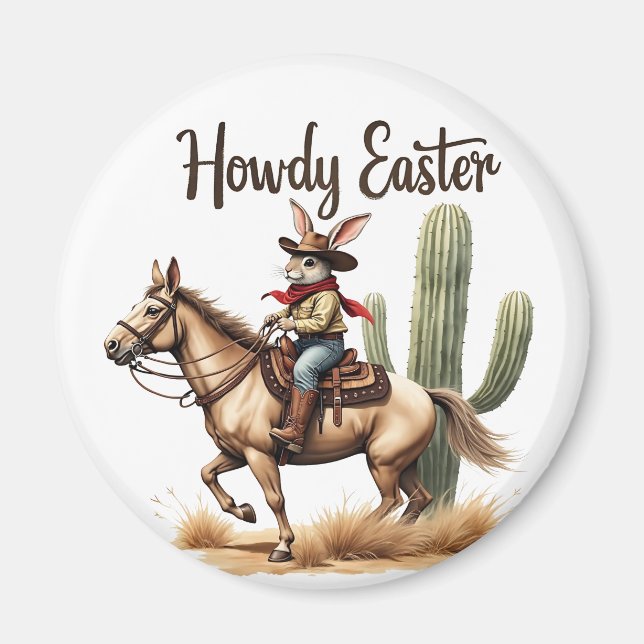 Aimant Howdy Bunny de Pâques chevauchant un Cheval Cowboy (Devant)