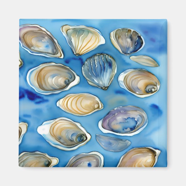 Aimant Huîtres Clams Coquillages Aquarelle Bleu (Devant)