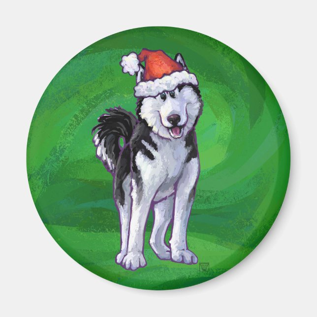 Aimant Husky festif à Santa Hat sur Vert (Devant)