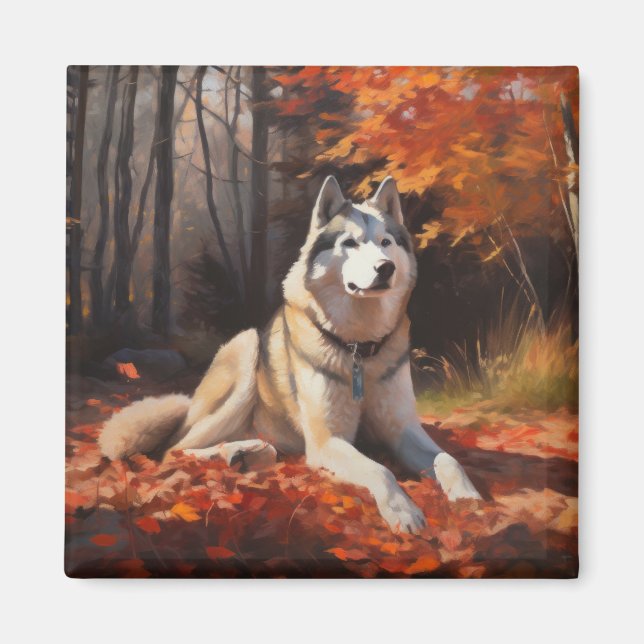 Aimant Husky Sibérien dans les feuilles d'automne qui tom (Devant)