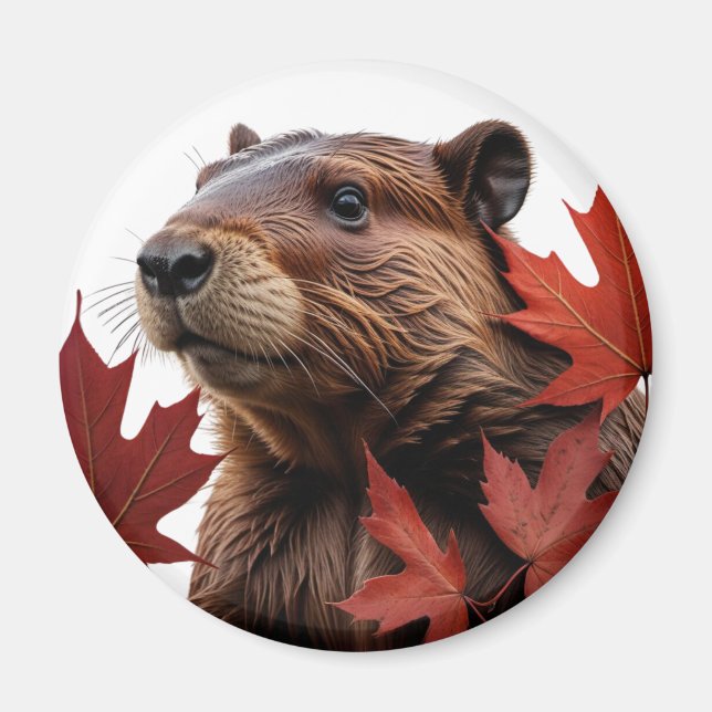 Aimant I Love Canada - Castor canadien aux feuilles (Devant)