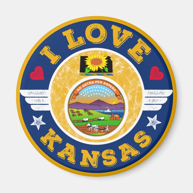 Aimant I Love Kansas State Map and Flag (Devant)