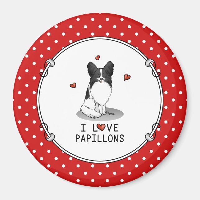 Aimant I Love Papillons (blanc & noir) Coeurs Chiens mign (Devant)